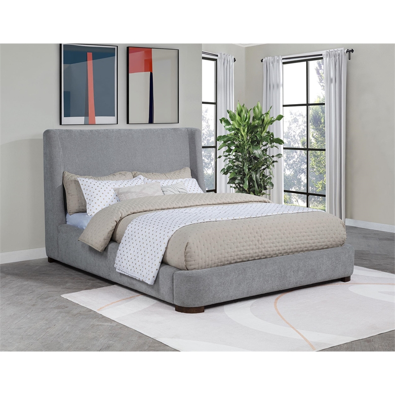 Coaster Rennes Upholstered Fabric Eastern King Wingback Platform Bed in Gray