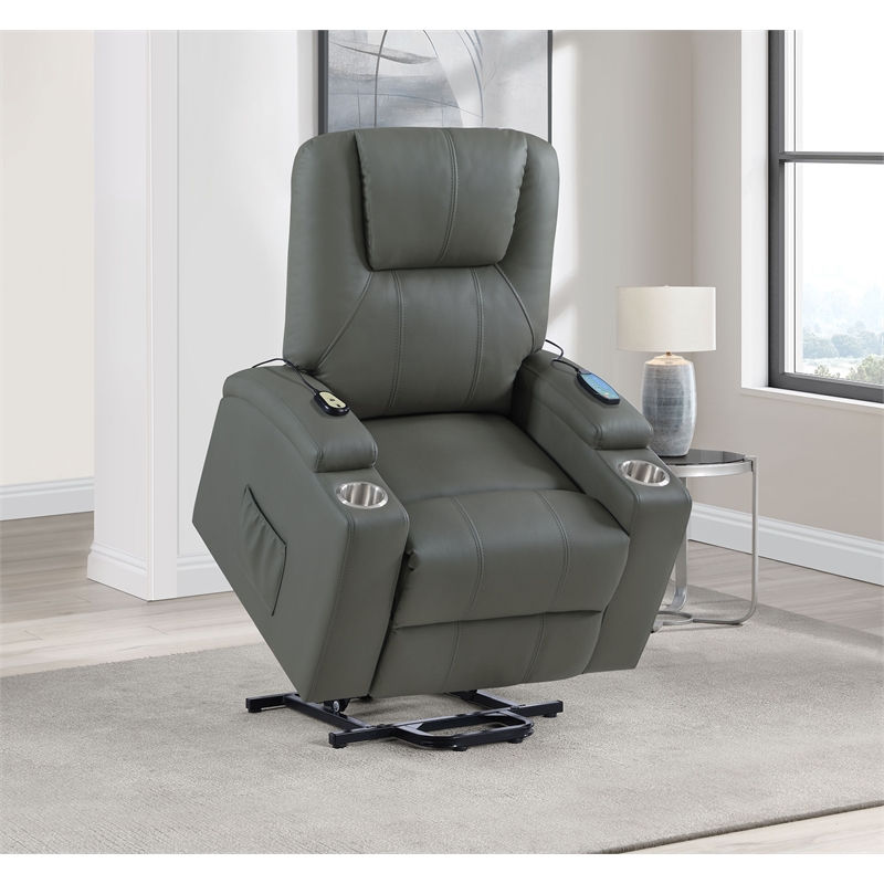 Coaster Armstrong Transitional Faux Leather Power Lift Massage Recliner in Gray