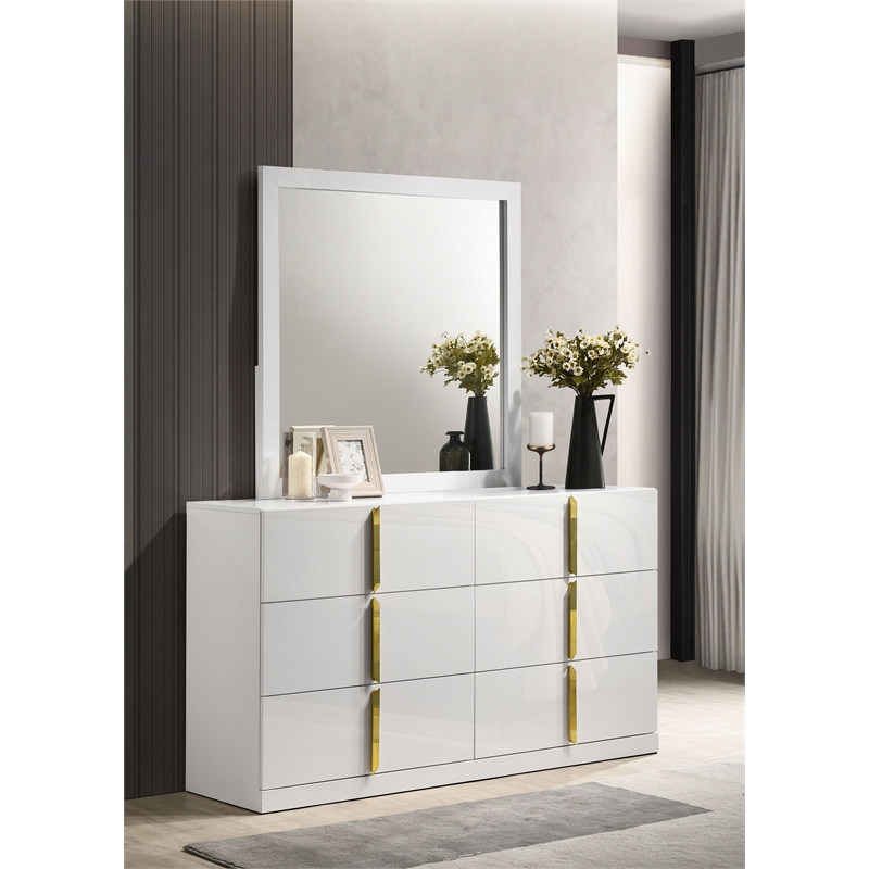 Coaster Ines 6-drawer Wood Bedroom Dresser with Mirror in White High Gloss