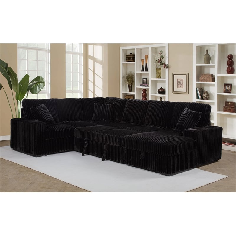 Coaster Devonshire Fabric Sleeper Sectional Sofa Storage Chaise in Black