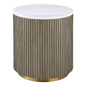 Coaster Jason Round White Marble Top Drum Base Side End Table in Greige