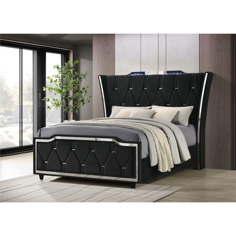 Coaster Lorient Queen LED Upholstered Velvet Wingback Bed in Black
