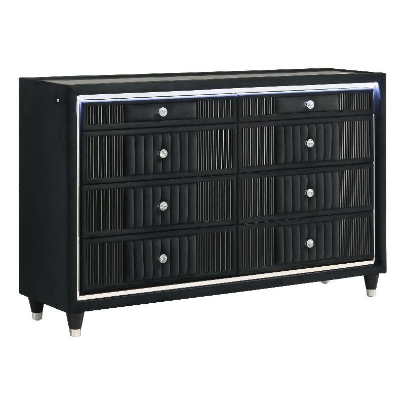 Coaster Ravenne 8-Drawer Velvet Upholstered LED Dresser Cabinet in Black