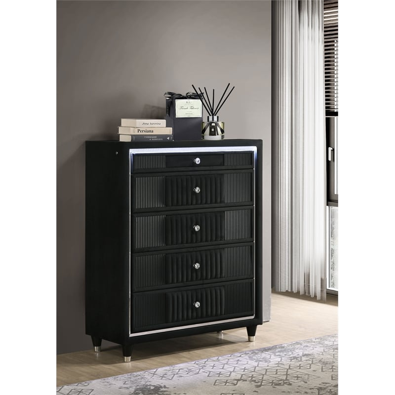 Coaster Ravenne 5-Drawer Velvet Upholstered LED Chest of Drawers in Black