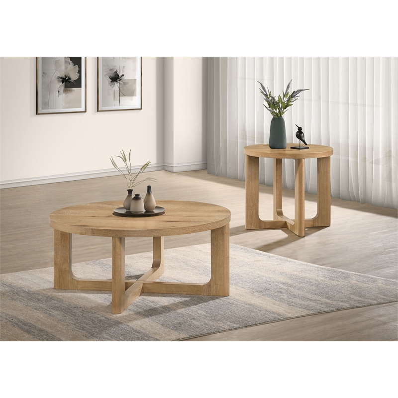Coaster Kessler 2-Piece Round Sculptural Wood Coffee Table Set in Light Oak