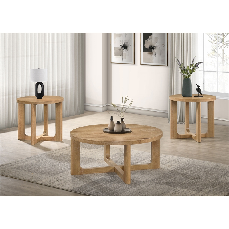 Coaster Kessler 3-Piece Round Sculptural Wood Coffee Table Set in Light Oak