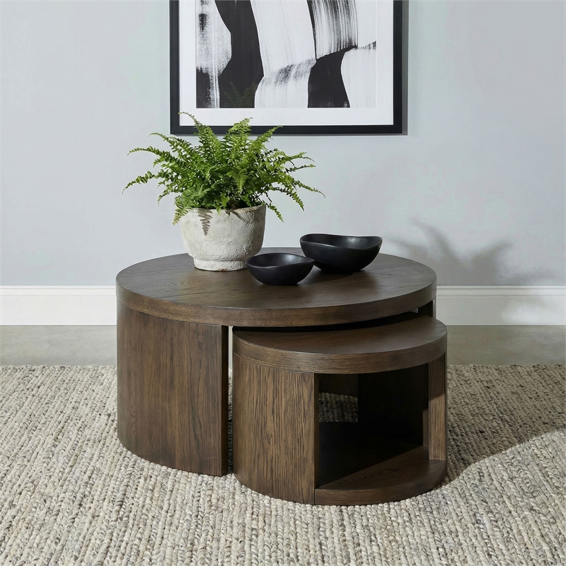 Coaster Sweeney 2-Piece Round Wood Occasional Nesting Table Set in Dark Walnut