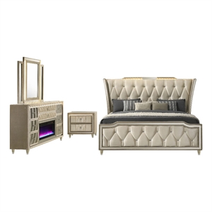 Coaster Lorient 4-Piece Velvet California King Fireplace Bedroom Set in Camel