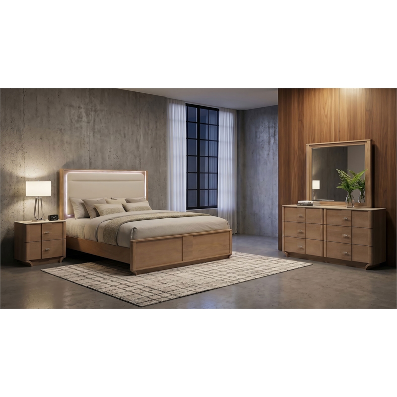 Coaster Leanne 4-Piece Wood Eastern King LED Bedroom Set in Light Oak/Off White
