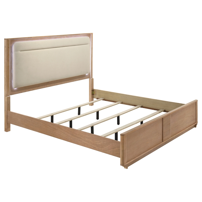 Coaster Leanne 4-Piece Wood Eastern King LED Bedroom Set in Light Oak/Off White