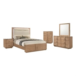 Coaster Leanne 5-Piece Wood Eastern King LED Bedroom Set in Light Oak/Off White