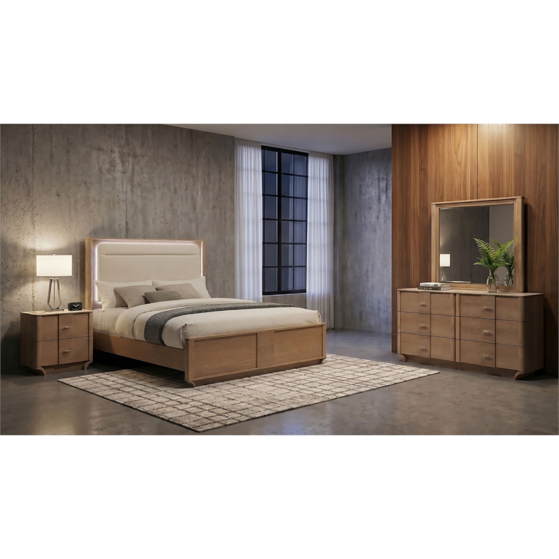 Coaster Leanne 4-Piece Wood Queen LED Bedroom Set in Light Oak/Off White