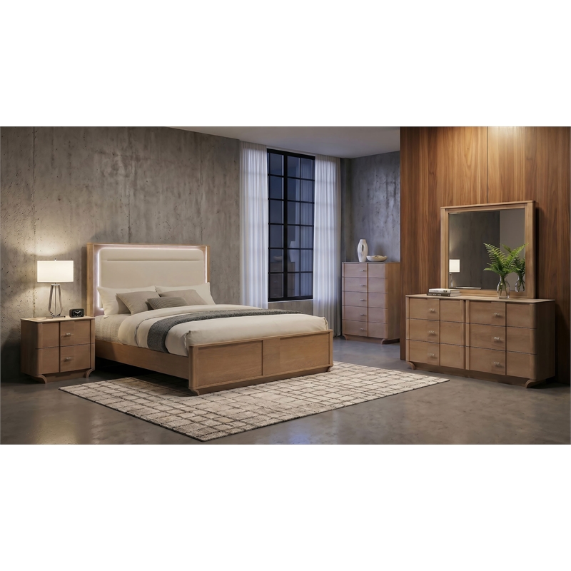 Coaster Leanne 5-Piece Wood Queen LED Bedroom Set in Light Oak/Off White