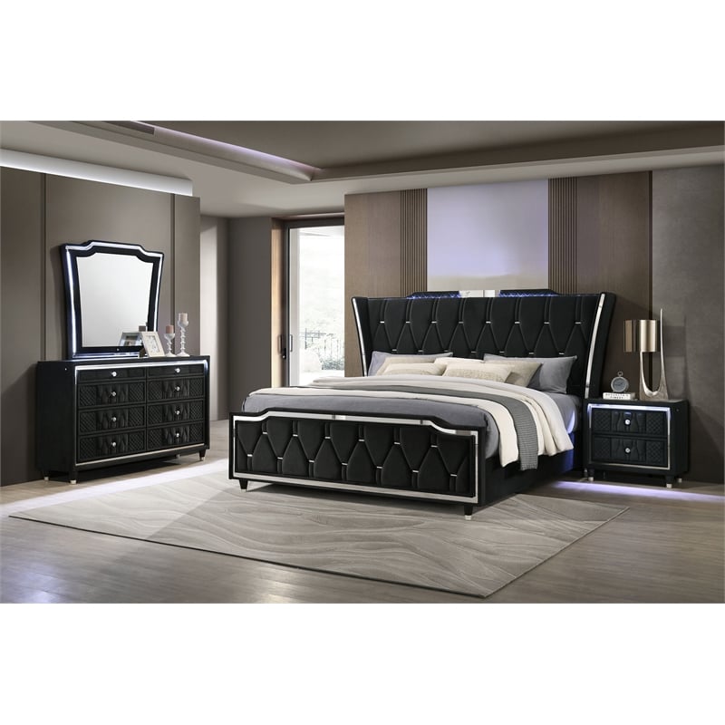 Coaster Lorient 4-Piece Velvet Eastern King LED Bedroom Set in Black