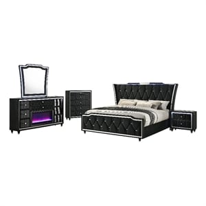Coaster Lorient 5-Piece Velvet Eastern King Fireplace LED Bedroom Set in Black