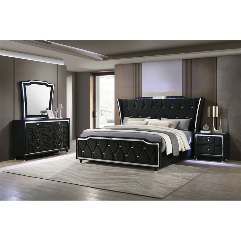 Coaster Lorient 4-Piece Velvet Queen LED Bedroom Set in Black