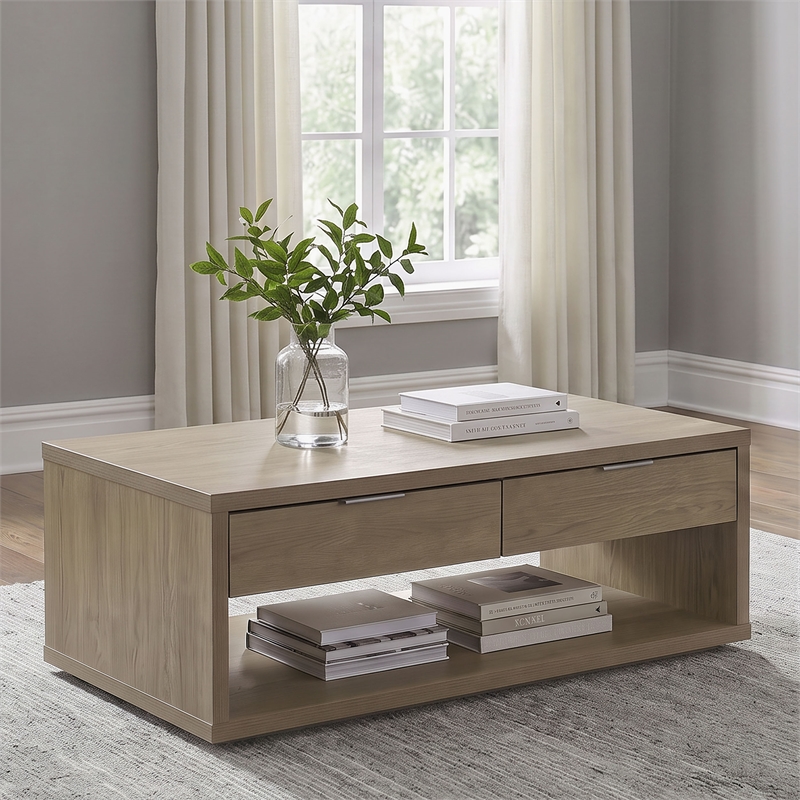 Coaster Ingram 2-Drawer Rectangular Coffee Table with Open Shelf in Latte