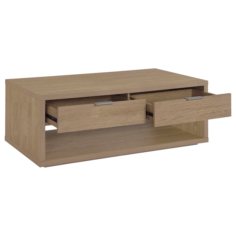 Coaster Ingram 2-Drawer Rectangular Coffee Table with Open Shelf in Latte