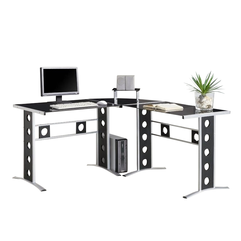 Vignettes Coaster Modern L Shape Desk With Silver Frame Black Glass