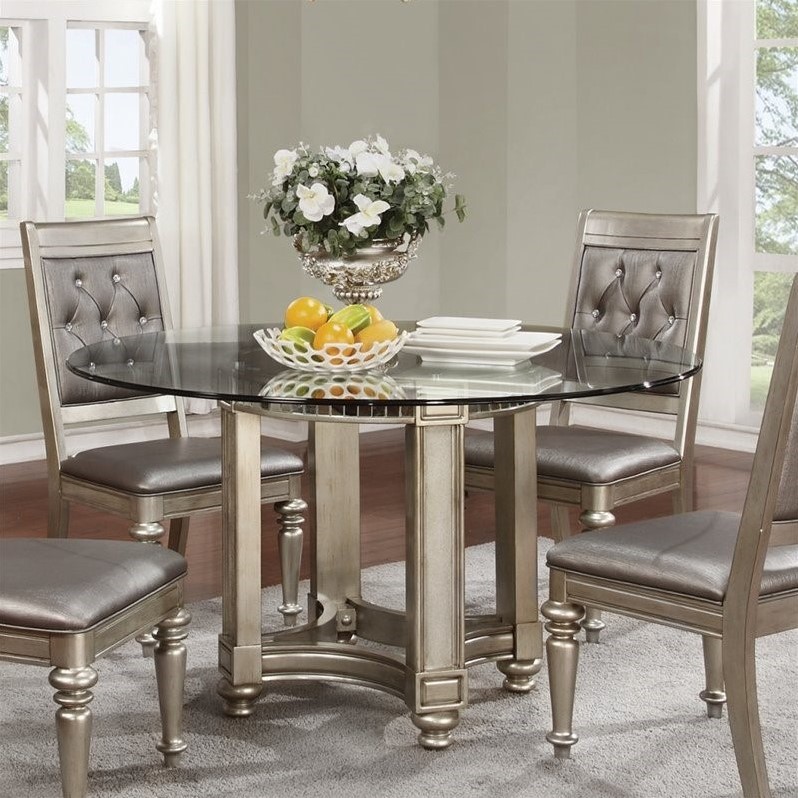 Vignettes Coaster Danette Round Dining Table With Glass Top In Metallic Platinum