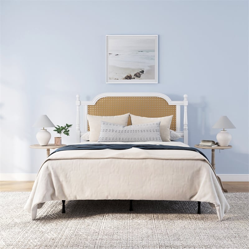 Hillsdale Melanie Coastal Wood and Cane Queen Headboard with Frame in White