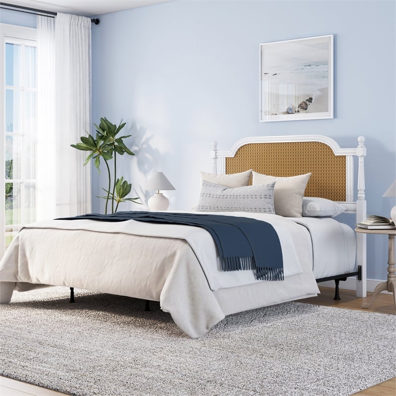 Hillsdale Melanie Coastal Wood and Cane Queen Headboard with Frame in White