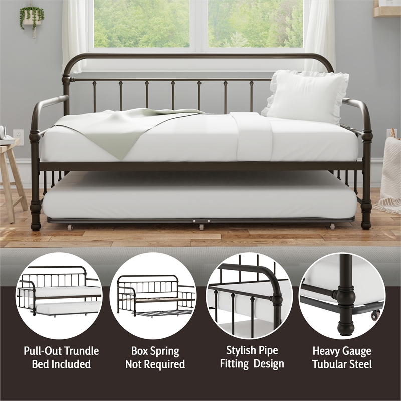 Hillsdale Furniture Kirkland Metal Twin Daybed with Roll Out Trundle Dark Bronze