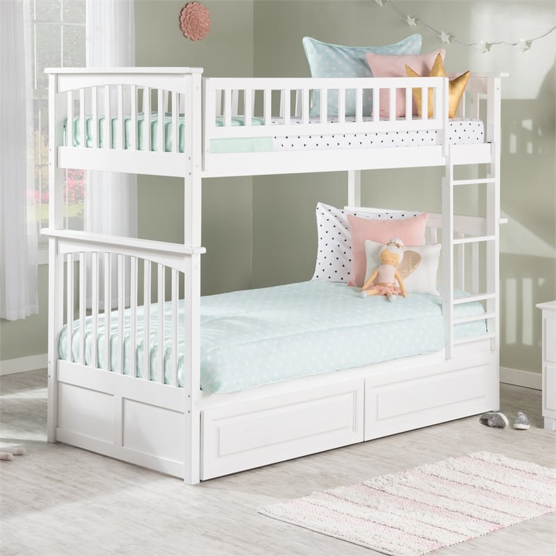 AFI Columbia Twin Over Twin Solid Wood Bunk Bed with 2 Storage Drawers in White