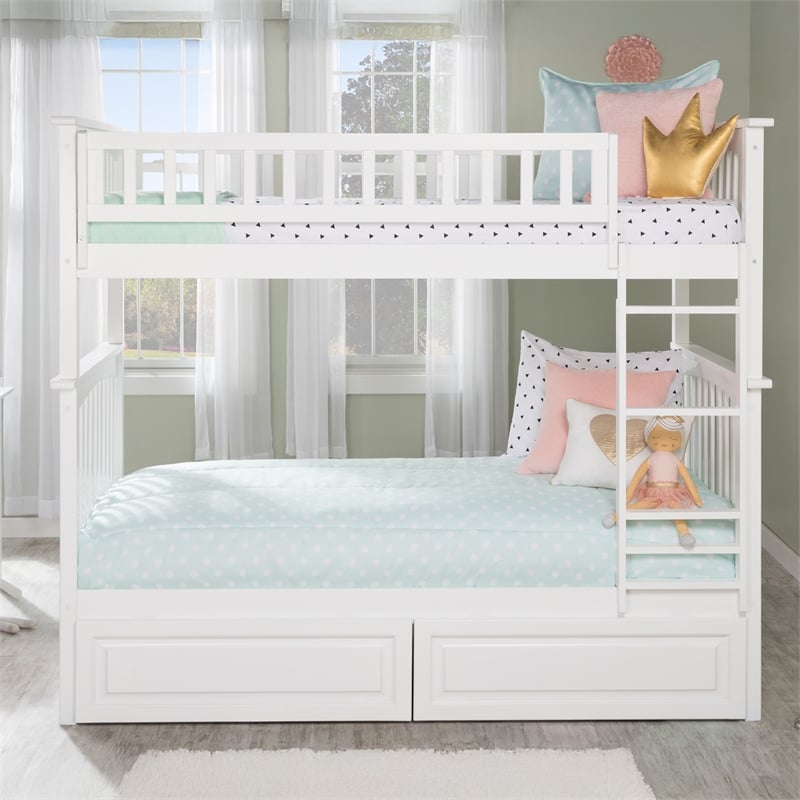 AFI Columbia Twin Over Twin Solid Wood Bunk Bed with 2 Storage Drawers in White