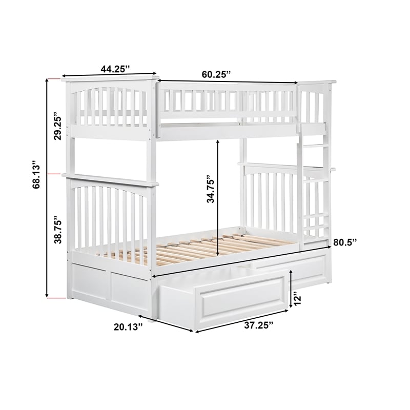 AFI Columbia Twin Over Twin Solid Wood Bunk Bed with 2 Storage Drawers in White