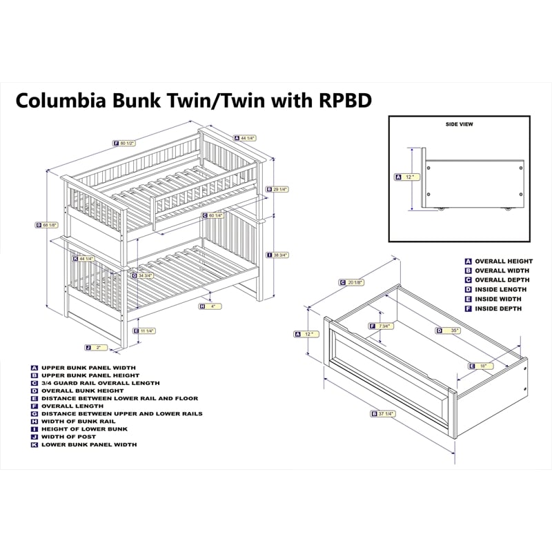 AFI Columbia Twin Over Twin Solid Wood Bunk Bed with 2 Storage Drawers in White