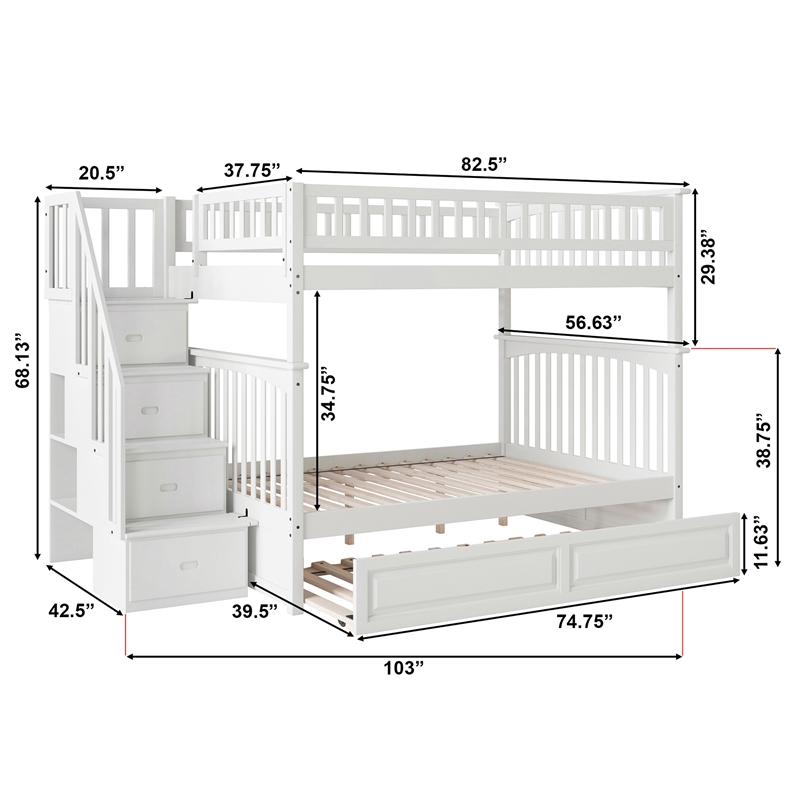 AFI Columbia Full Over Full Wood Staircase Trundle Bunk Bed in White
