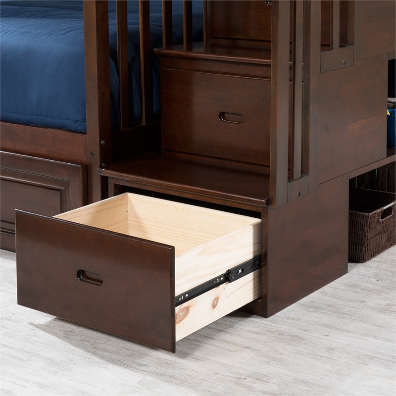 AFI Columbia Twin Over Full Wood Staircase Bunk Bed with Trundle in Walnut