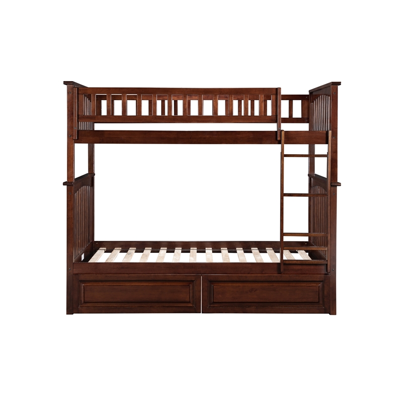 AFI Columbia Twin Over Twin Solid Wood Bunk Bed with 2 Storage Drawers in Walnut