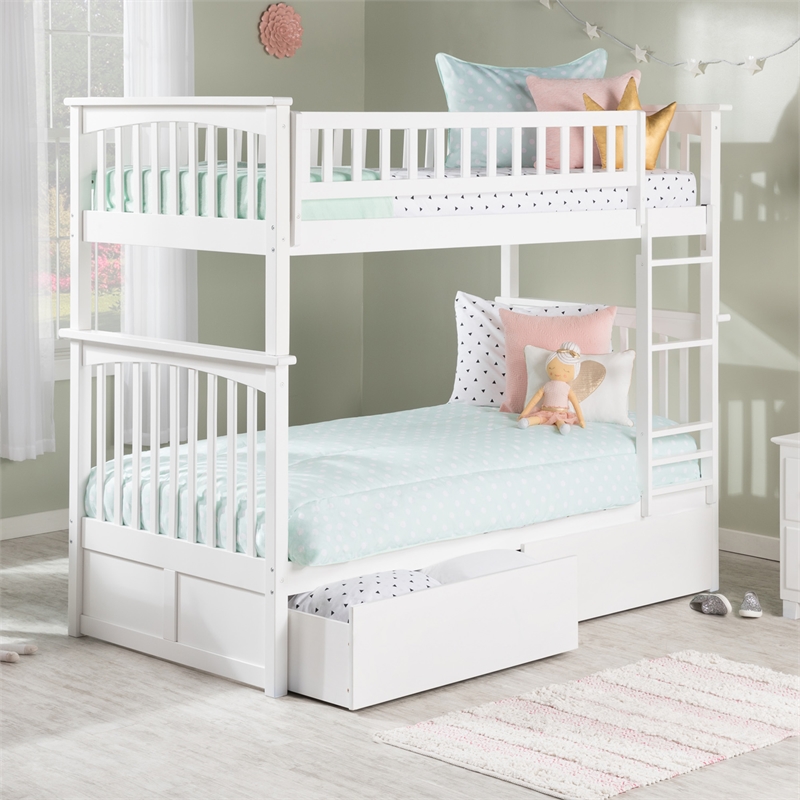 AFI Columbia Twin Over Twin Solid Wood Bunk Bed with 2 Storage Drawers in White