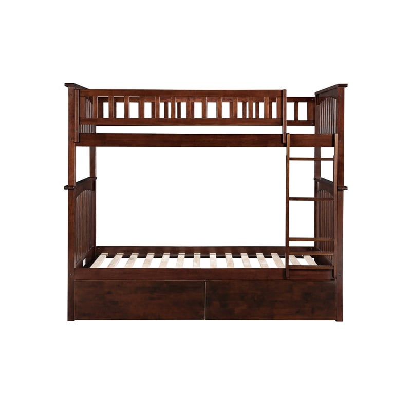 AFI Columbia Twin Over Twin Solid Wood Bunk Bed with 2 Storage Drawers in Walnut