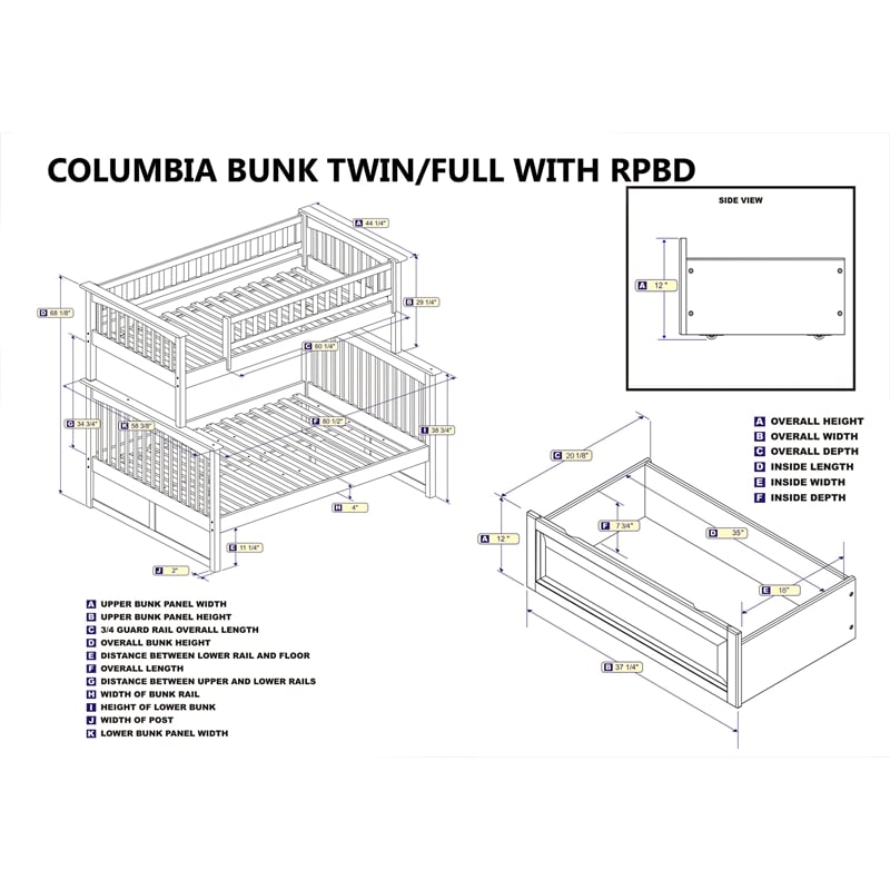 AFI Columbia Twin Over Full Solid Wood Bunk Bed with 2 Storage Drawers in White