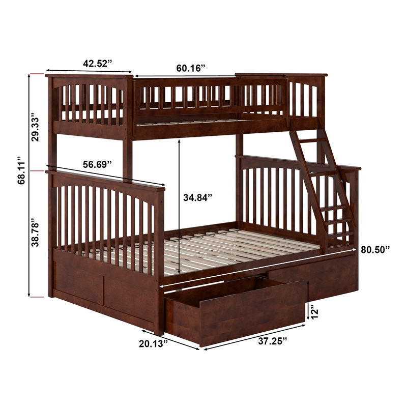 AFI Columbia Twin Over Full Solid Wood Bunk Bed with 2 Storage Drawers in Walnut