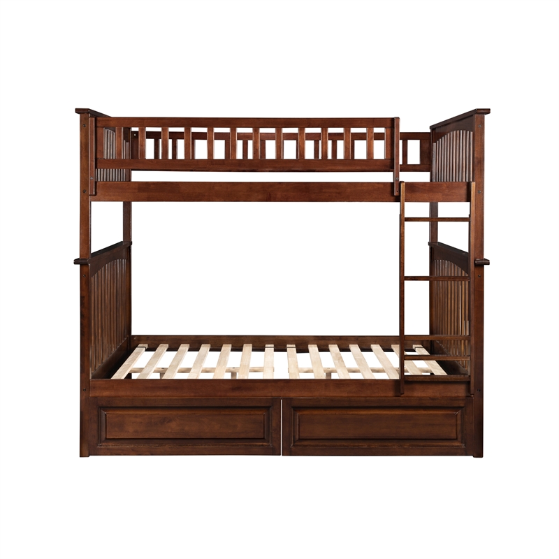 AFI Columbia Twin Over Full Solid Wood Bunk Bed with 2 Storage Drawers in Walnut