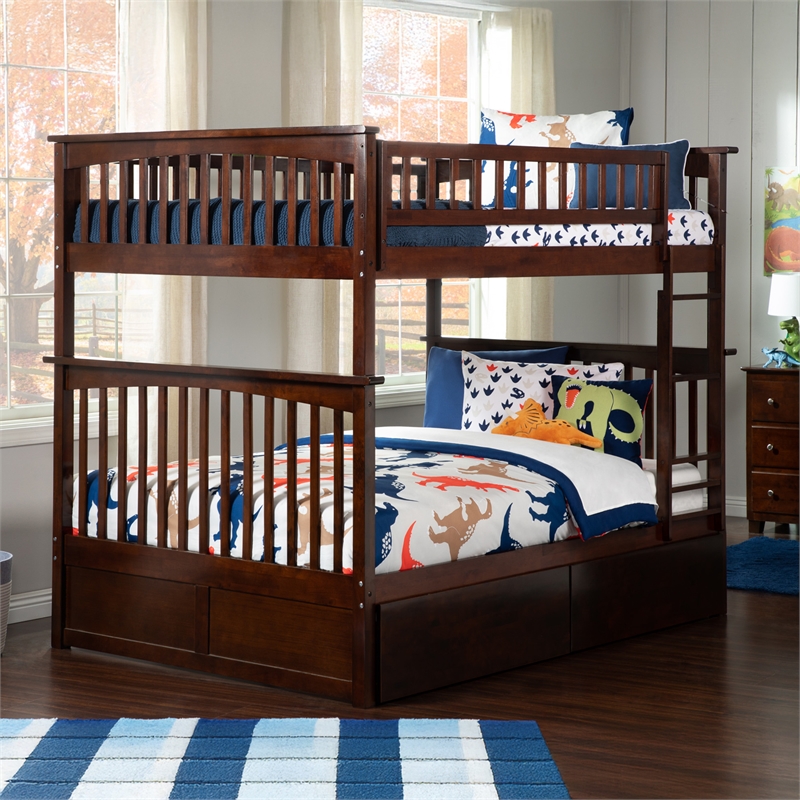 AFI Columbia Full Over Full Solid Wood Bunk Bed with 2 Storage Drawers in Walnut