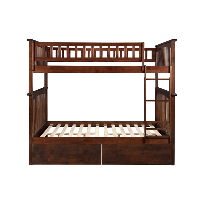 AFI Columbia Full Over Full Solid Wood Bunk Bed with 2 Storage Drawers in Walnut