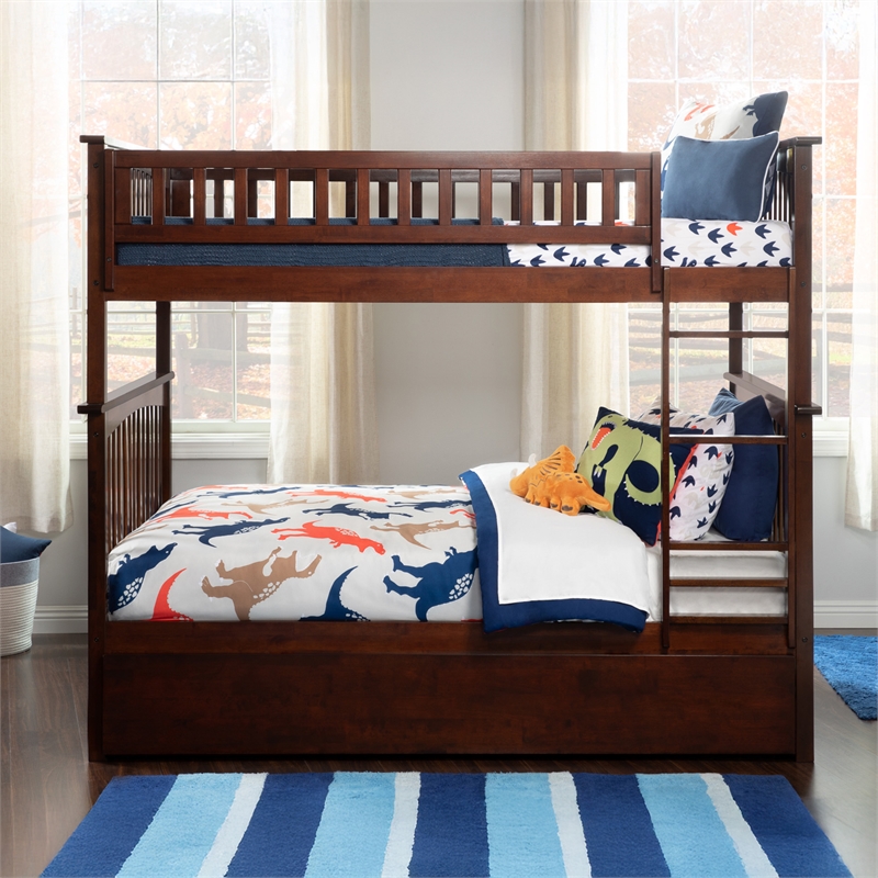 AFI Columbia Full over Full Solid Wood Bunk Bed with Trundle in Walnut