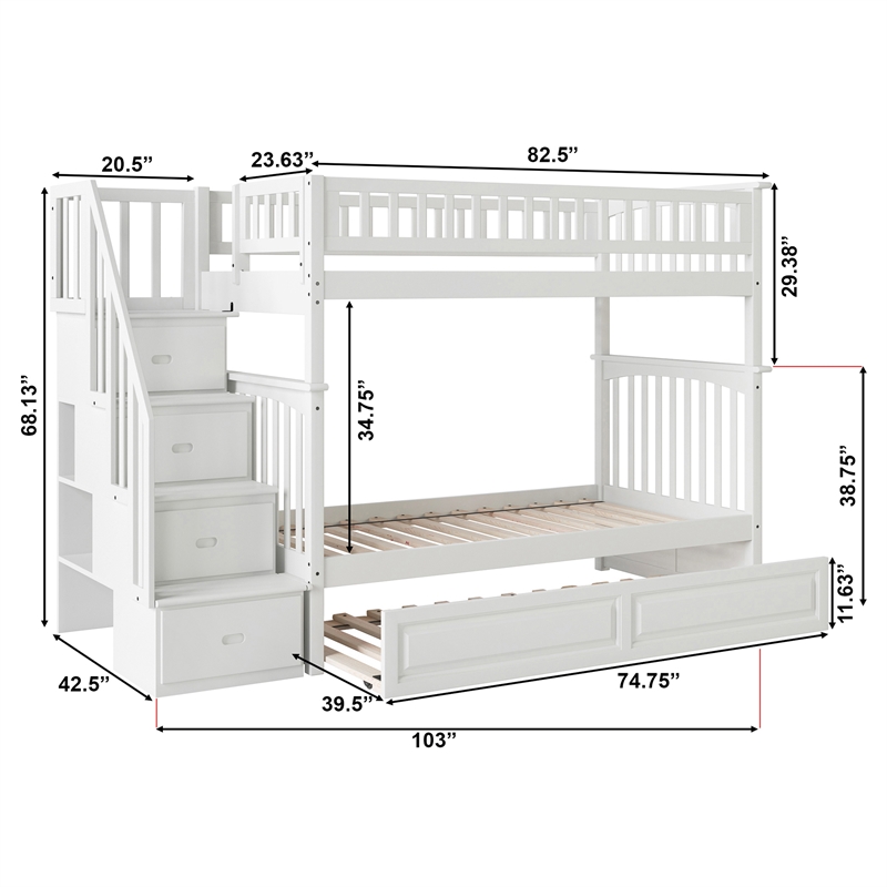 AFI Columbia Twin over Twin Solid Wood Staircase Bunk Bed with Trundle in White