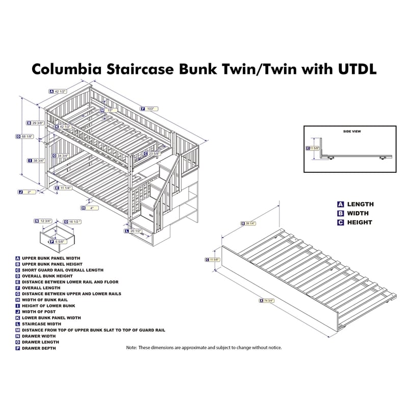 AFI Columbia Twin over Twin Solid Wood Staircase Bunk Bed with Trundle in White