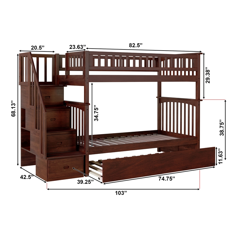 AFI Columbia Twin over Twin Solid Wood Staircase Bunk Bed with Trundle in Walnut