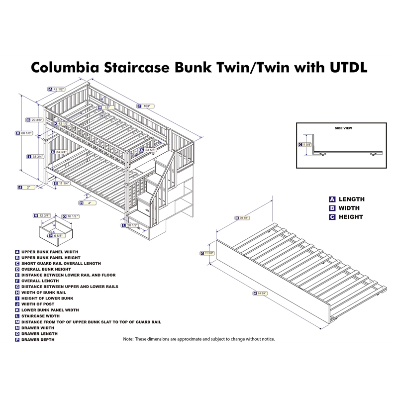 AFI Columbia Twin over Twin Solid Wood Staircase Bunk Bed with Trundle in Walnut