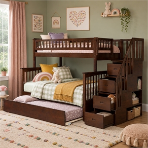 AFI Columbia Twin Over Full Wood Staircase Trundle Bunk Bed in Walnut