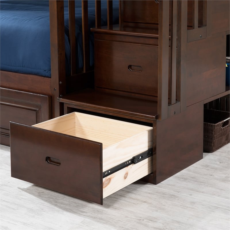 AFI Columbia Full Over Full Solid Wood Staircase Storage Bunk Bed in Walnut