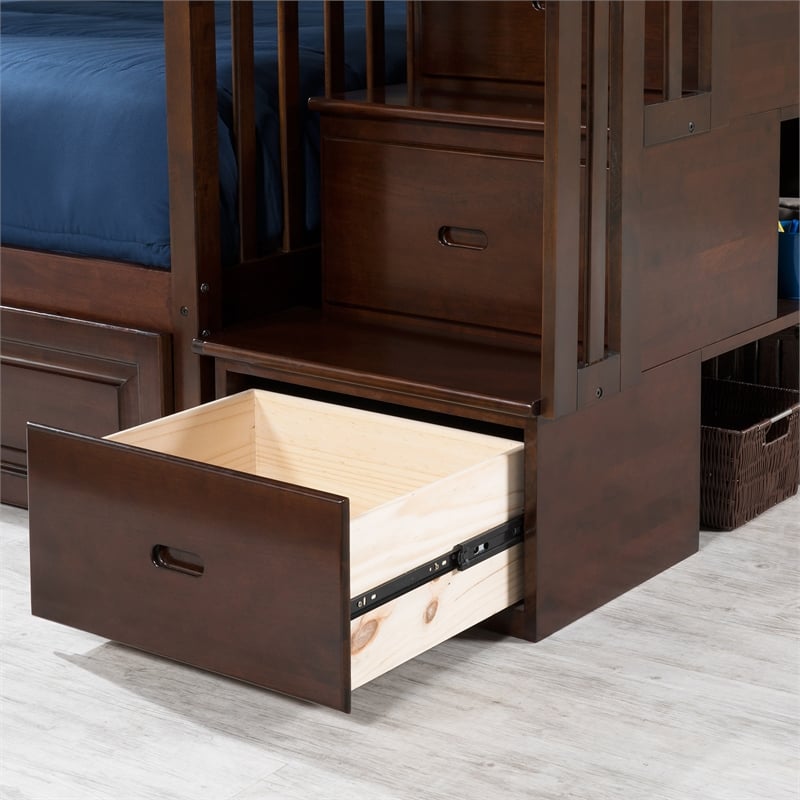 AFI Columbia Full Over Full Solid Wood Staircase Storage Bunk Bed in Walnut