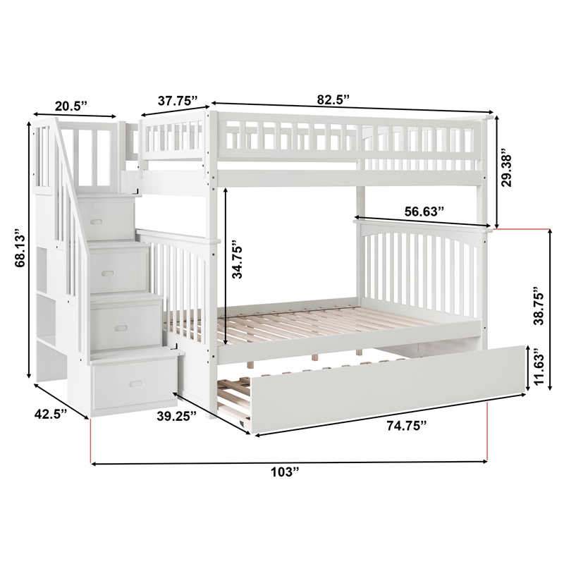 AFI Columbia Full Over Full Wood Staircase Trundle Bunk Bed in White